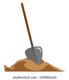 Una gran pala fuerte con mango de madera sobre el dibujo o ilustración del color del vector de arena