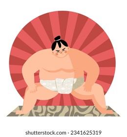 Big and strong wrestler doing sumo, preparing for fight in special gum. Japanese cartoon character actively doing sports. Flat vector illustration in red colors