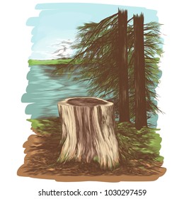 big stump in the forest dry Christmas trees and river in the background sketch vector graphics colored drawing