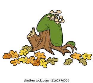 Big stump with a moss, oak leaves and fairy-mushrooms color variation for coloring page isolated on white background