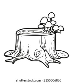 Big stump with toadstools and moss linear drawing for coloring isolated on white background