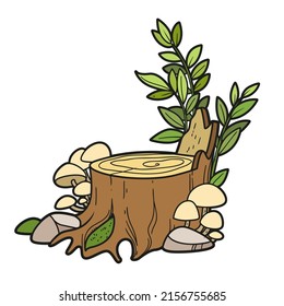 Big stump with toadstools and new tree shoots color variation for coloring page isolated on white background