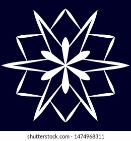 Big stylized snowflake on a blue background. Logo for the design of a winter or space theme. Icon of snow, crystal, cold.