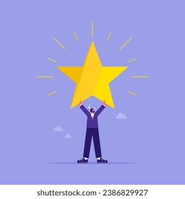 Big success or achievement concept, businesswoman holding a big star. business concept, challenge and effort to win award 