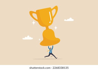 Big success or achievement, winning large business scale or challenge and effort to win award concept, confidence businessman entrepreneur carrying big winner trophy.