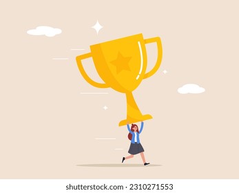 Big success concept. Achievement, winning large business scale or challenge and effort to win award, confidence businesswoman entrepreneur carrying big winner trophy.