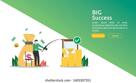 Big success concept. businessman character fishing money to gain more profit. hourglass and sack of money. web landing page, banner, presentation, social, and print media template. Vector illustration