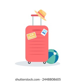 Big suitcase with hat, beach ball and hello summer sticker. Vacation travel luggage. 