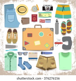 Big suitcase set. All that should be in a suitcase of traveler. Necessary items for traveling with a suitcase.