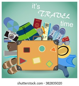 Big suitcase set. All that should be in a suitcase of traveler. Necessary items for traveling with a suitcase.