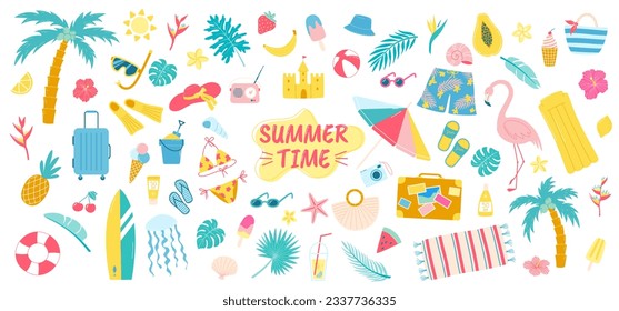 Große Sommerferien am Strand. Accessoires und Spielgeräte für Meeres- und Ozeanreisen. Vektorsommer-Illustrationssatz