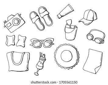 Big summer black and white graphic element set. Line art. Stock Illustration. White background, isolate.