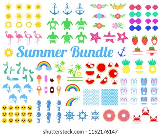 Big summer bundle with design elements. Turtle, sun, seahorse, mermaid tail, rainbow, flamingo, watermelon, pineapple, dolphin, anchor, strawberry, palm, donut, emoji,  shell. Vector illustration