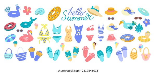 Big summer collection of beach design elements in a flat cartoon doodle style. Cute summer greeting card in horizontal format. Lettering hello summer