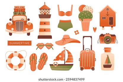 Big summer collection of graphic elements. Vacation on beach, relaxation near ocean. Car with suitcases, luggage, ice cream, swimwear, boat, beach house, camera, lighthouse, lifebuoy, flip-flops, hat.