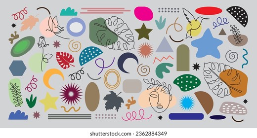 Big summer collection, unusual organic shapes in freehand matisse art style.Creative Hand drawn various shapes and doodle object elements for kids and school cover, abstract wall art for home decor.