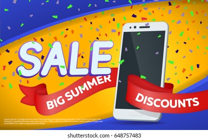 Big summer discounts. Sale banner template design. Smartphone, bright ribbon and confetti. Banner with yellow background. Vector illustration.
