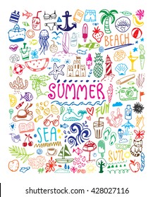 Big summer doodle set. Card, invitation, banner design. Isolated on white background. Colorful design.