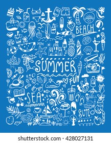 Big summer doodle set. Card, invitation, banner design. Isolated on blue background