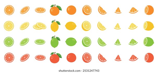 Big summer fruits slices collection with Lime, lemon, orange and grapefruit. Big vector set of fresh delicious citrus fruits. Mega vector slice fruits collection	