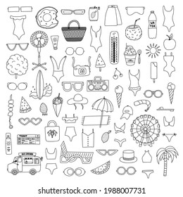 Big summer hand drawn vector summer set with clipart, summer signs, icons collection. Vector black and white illustrations with hand drawn outline. For socks, stickers, posters, social media, banners.