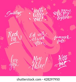 Big summer handdrawn lettering set. Modern calligraphy. Ink illustration. Design for banner, poster, card, invitation, flyer, brochure, t-shirt. Isolated on textured color abstract background