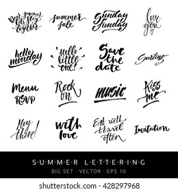 Big summer handdrawn lettering set. Modern calligraphy. Ink illustration. Design for banner, poster, card, invitation, flyer, brochure, t-shirt. Isolated on textured white abstract background