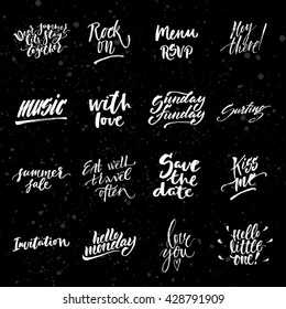 Big summer handdrawn lettering set. Modern calligraphy. Ink illustration. Design for banner, poster, card, invitation, flyer, brochure, t-shirt. Isolated on textured black background