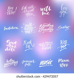 Big summer handdrawn lettering set. Modern calligraphy. Ink illustration. Design for banner, poster, card, invitation, flyer, brochure, t-shirt. Isolated on textured color abstract background