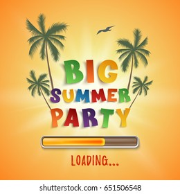 Big summer party loading poster template isolated onorange background with palms and seagull. Vector illustration.