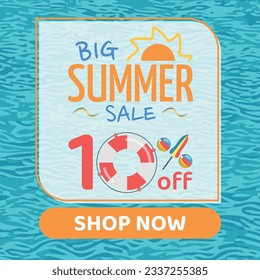 Big Summer Sale 10% off, Orange and Blue, Zero Floater, Beach Balls and Beach Umbrella form the Percentage Symbol, Pool Water Background, Shop Now