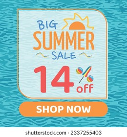 Big Summer Sale 14% off, Orange and Blue, Beach Balls and Beach Umbrella form the Percentage Symbol, Pool Water Background, Shop Now