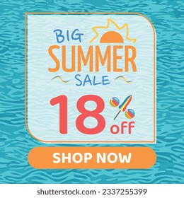 Big Summer Sale 18% off, Orange and Blue, Beach Balls and Beach Umbrella form the Percentage Symbol, Pool Water Background, Shop Now