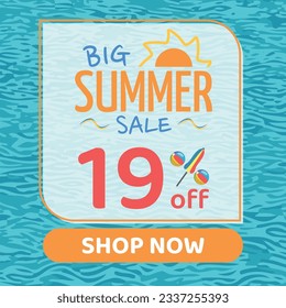 Big Summer Sale 19% off, Orange and Blue, Beach Balls and Beach Umbrella form the Percentage Symbol, Pool Water Background, Shop Now