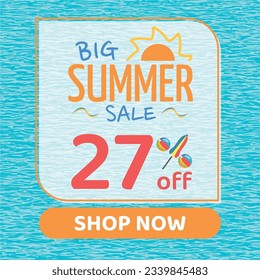 Big Summer Sale 27% off, Orange and Blue, Beach Balls and Beach Umbrella form the Percentage Symbol, Pool Water Background, Shop Now