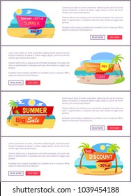 Big summer sale up to 30% Internet promo pages. Luxurious tropical beaches with tall palms vector illustrations on summer sale web banners templates.