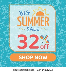 Big Summer Sale 32% off, Orange and Blue, Beach Balls and Beach Umbrella form the Percentage Symbol, Pool Water Background, Shop Now