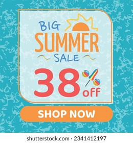 Big Summer Sale 38% off, Orange and Blue, Beach Balls and Beach Umbrella form the Percentage Symbol, Pool Water Background, Shop Now