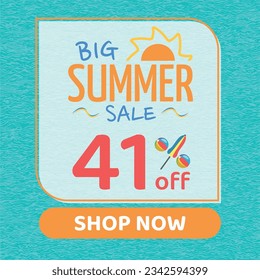 Big Summer Sale 41% off, Orange and Blue, Beach Balls and Beach Umbrella form the Percentage Symbol, Pool Water Background, Shop Now