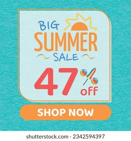 Big Summer Sale 47% off, Orange and Blue, Beach Balls and Beach Umbrella form the Percentage Symbol, Pool Water Background, Shop Now