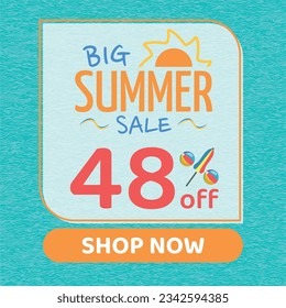 Big Summer Sale 48% off, Orange and Blue, Beach Balls and Beach Umbrella form the Percentage Symbol, Pool Water Background, Shop Now