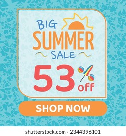 Big Summer Sale 53% off, Orange and Blue, Beach Balls and Beach Umbrella form the Percentage Symbol, Pool Water Background, Shop Now