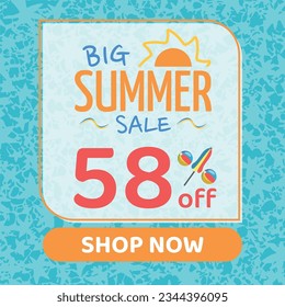 Big Summer Sale 58% off, Orange and Blue, Beach Balls and Beach Umbrella form the Percentage Symbol, Pool Water Background, Shop Now