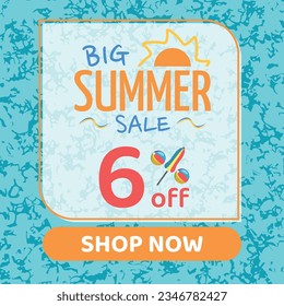 Big Summer Sale 6% off, Orange and Blue, Beach Balls and Beach Umbrella form the Percentage Symbol, Pool Water Background, Shop Now.eps