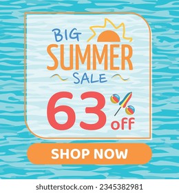 Big Summer Sale 63% off, Orange and Blue, Beach Balls and Beach Umbrella form the Percentage Symbol, Pool Water Background, Shop Now