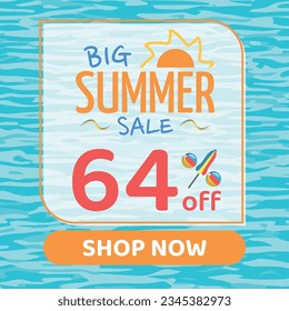 Big Summer Sale 64% off, Orange and Blue, Beach Balls and Beach Umbrella form the Percentage Symbol, Pool Water Background, Shop Now