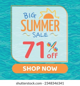 Big Summer Sale 71% off, Orange and Blue, Beach Balls and Beach Umbrella form the Percentage Symbol, Pool Water Background, Shop Now