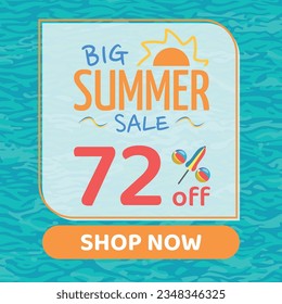 Big Summer Sale 72% off, Orange and Blue, Beach Balls and Beach Umbrella form the Percentage Symbol, Pool Water Background, Shop Now