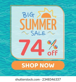 Big Summer Sale 74% off, Orange and Blue, Beach Balls and Beach Umbrella form the Percentage Symbol, Pool Water Background, Shop Now