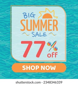 Big Summer Sale 77% off, Orange and Blue, Beach Balls and Beach Umbrella form the Percentage Symbol, Pool Water Background, Shop Now